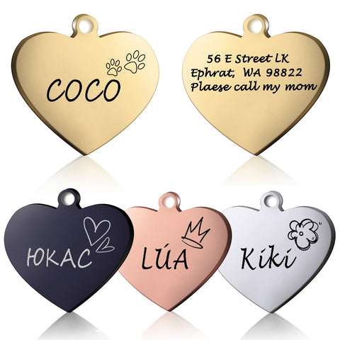 Dog ID Heart Tag Custom Personalized  Collar Pendant Engraved Pet Necklace Chain Charm   FREE Engraving