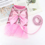 Pink Cat Dress Small Dogs Cats Summer Dresses With Cute Bowknot Bling Rhinestone Accessories Nylon Pet Vest Harness and Leash